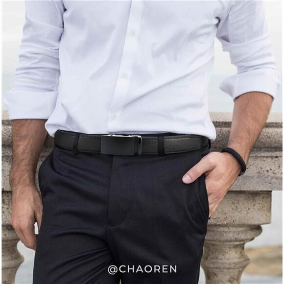 Mens Leather Ratchet Belt Adjustable Slide Buckle Dress Pants Trim to Fit - Picture 2 of 7